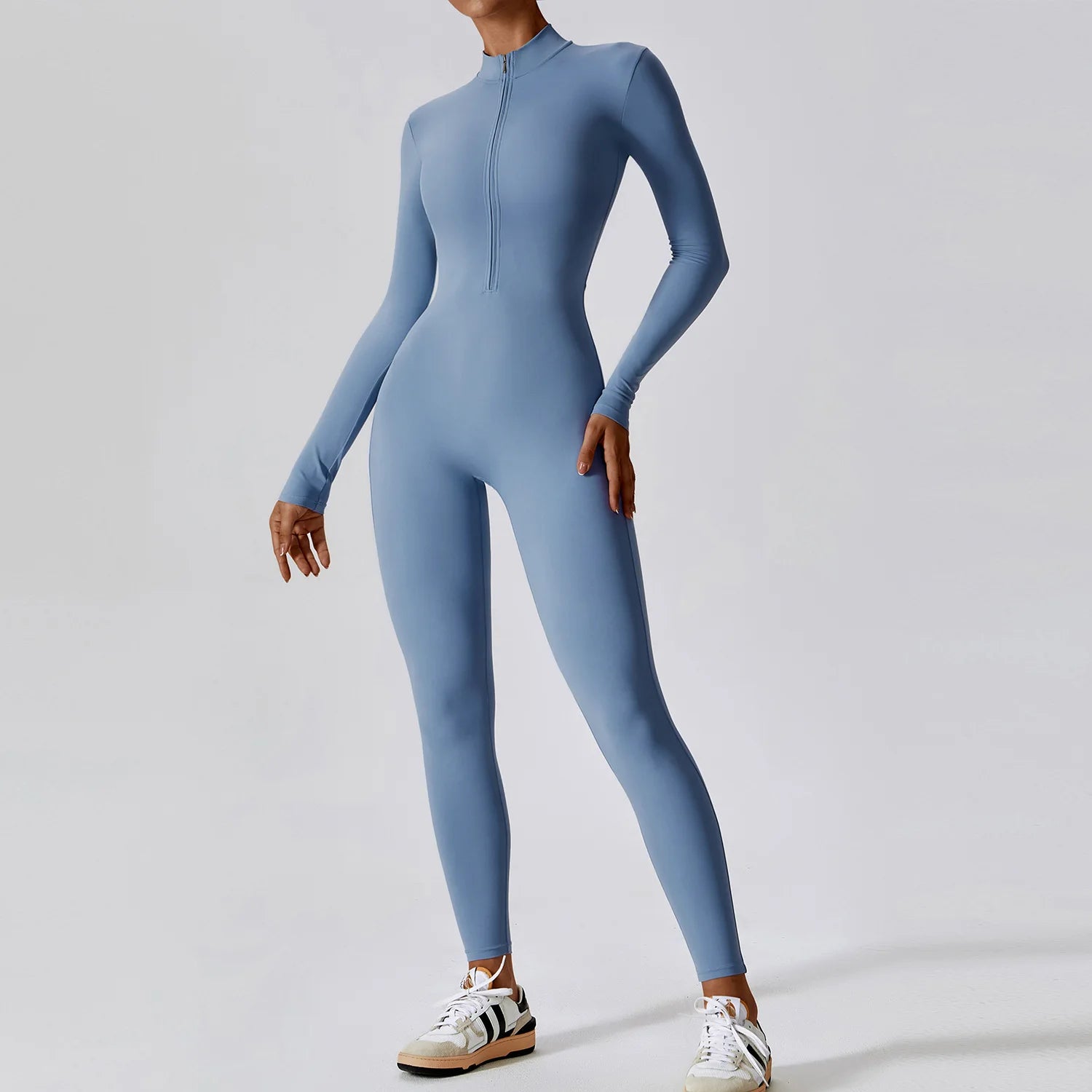 Women Front Zipper Yoga Jumpsuit  One Piece Unitard Gym Workout Bodycon Romper Athletic Wear Long Sleeve