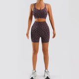 Leopard Print Seamless Yoga Set Women Cross Back Sports Bra High Waist Biker Shorts 2 Piece Workout Set Custom Apparel