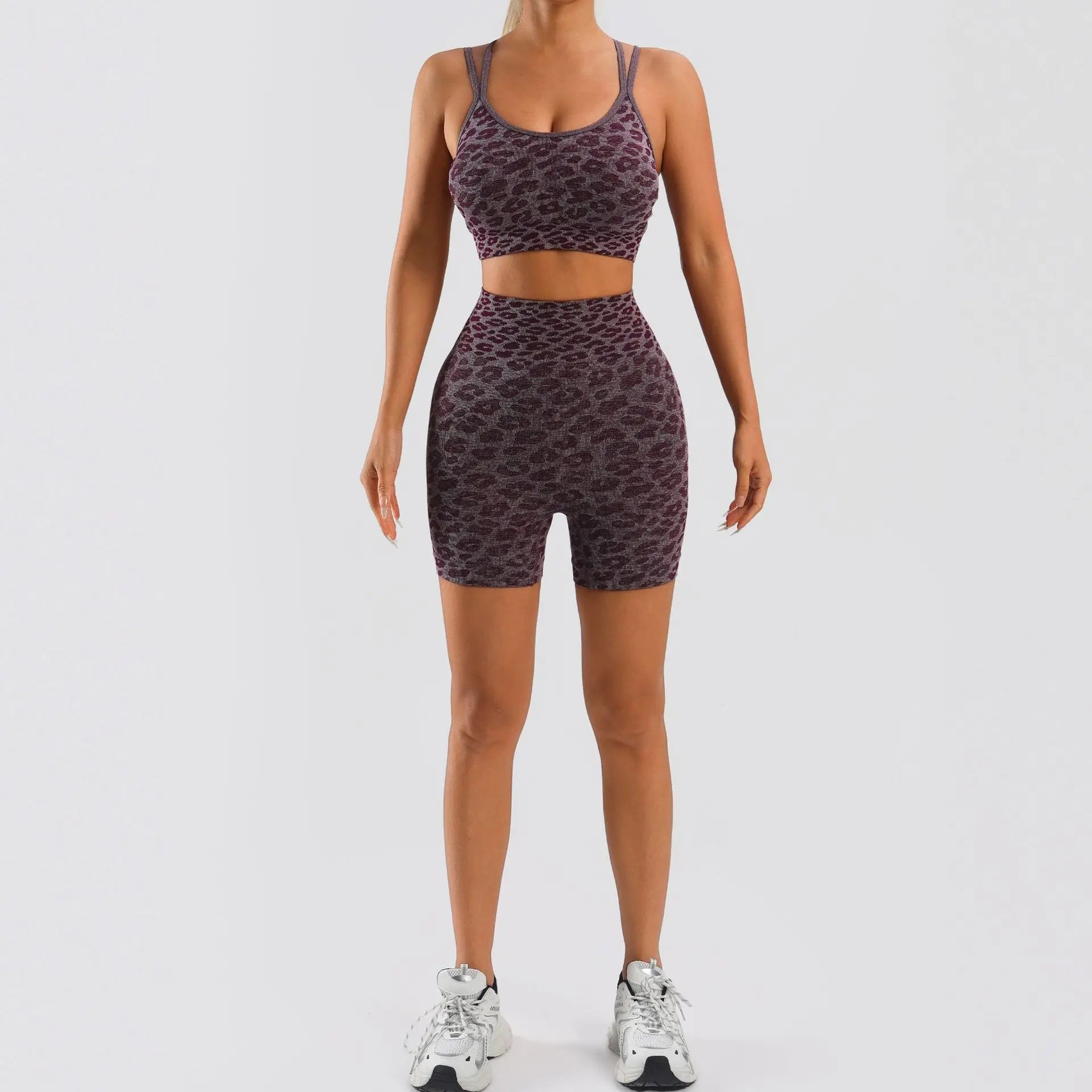 Leopard Print Seamless Yoga Set Women Cross Back Sports Bra High Waist Biker Shorts 2 Piece Workout Set Custom Apparel
