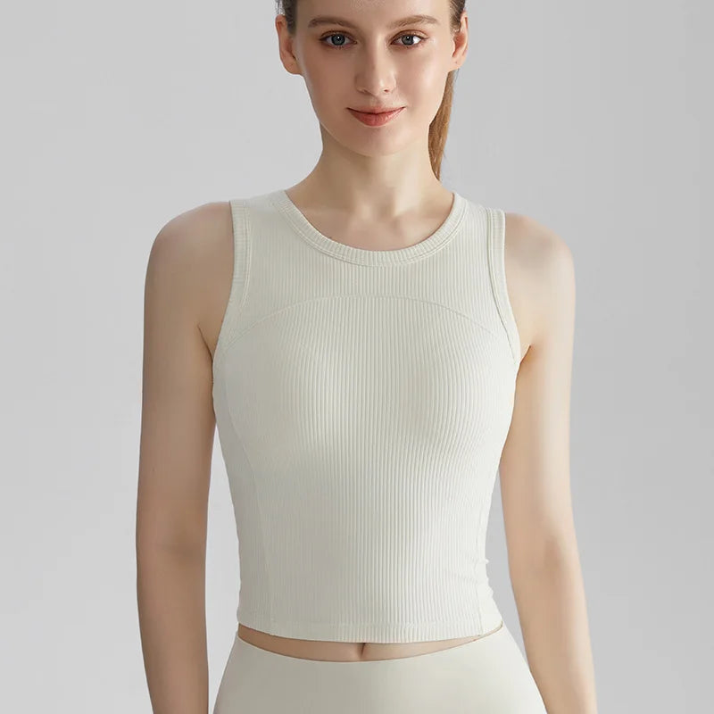 Custom Logo Ribbed Gym Crop Tank Top Crew Neck Sleeveless Workout Shirt Women Seamless Yoga Cami Activewear Tops