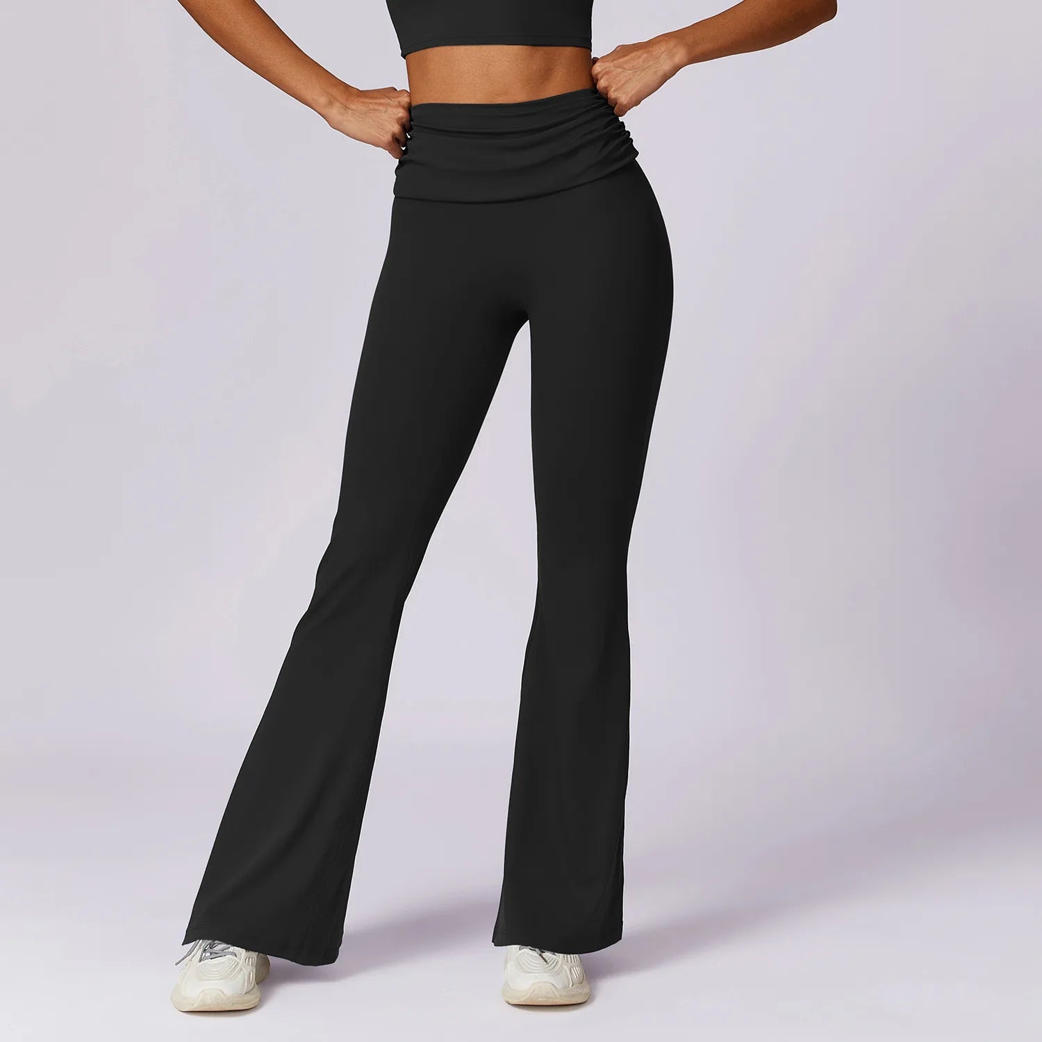 Women's Gathered Foldover Waist Flared Yoga Pants Y2K Soft Ruched Fold Over Waistband Bootcut Gym Leggings Sports Pants