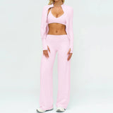 Women's Solid Breathable Racerback Workout Set Yoga Full Zip Jacket Sports Bra Wide Leg Pants 3-Piece 2026 New Fitness Custom