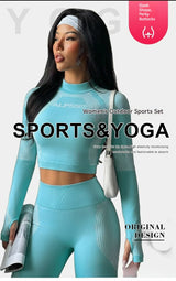 Summer New Seamless Lapel Long Sleeved Yoga Fitness Set, Slim Fit, Sexy, Moisture Wicking, Quick Drying Yoga Set Custom Logo
