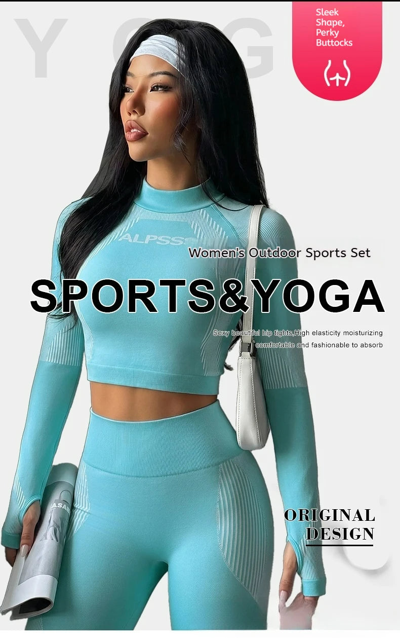Summer New Seamless Lapel Long Sleeved Yoga Fitness Set, Slim Fit, Sexy, Moisture Wicking, Quick Drying Yoga Set Custom Logo