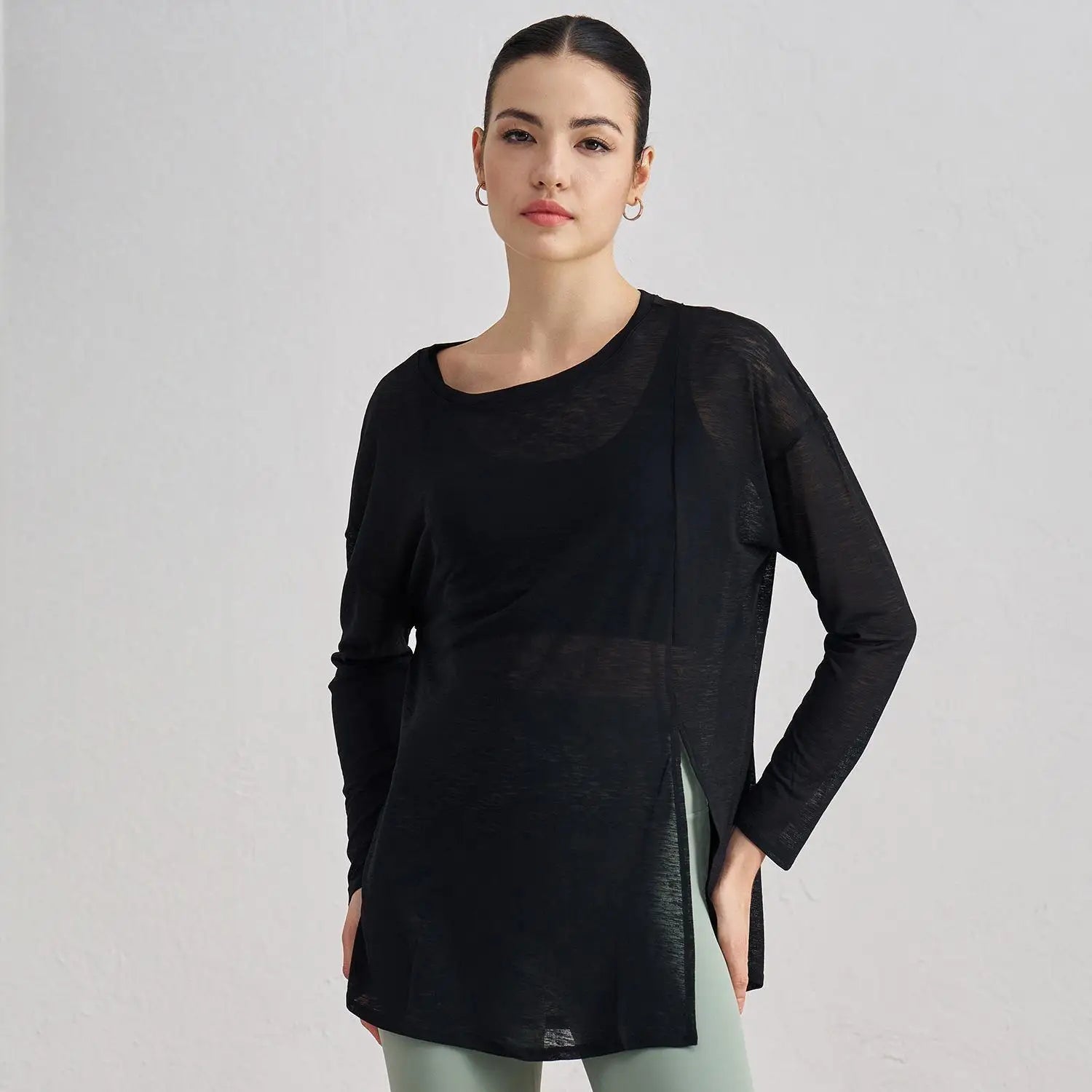 Loose Fit Long Sleeve Yoga Top Sheer Mesh Cover up Side Tie Knot Workout Shirts Breathable Gym Wear Custom