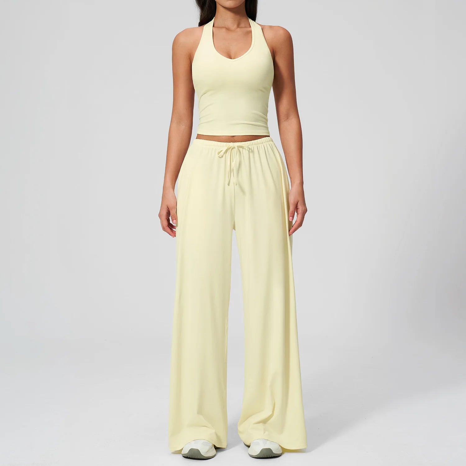 Women 3 Piece Solid Breathable Lounge Set Halter Crop Top Long Sleeve Wrap Cardigan Mid Waist Wide Leg Pants Tracksuit Custom