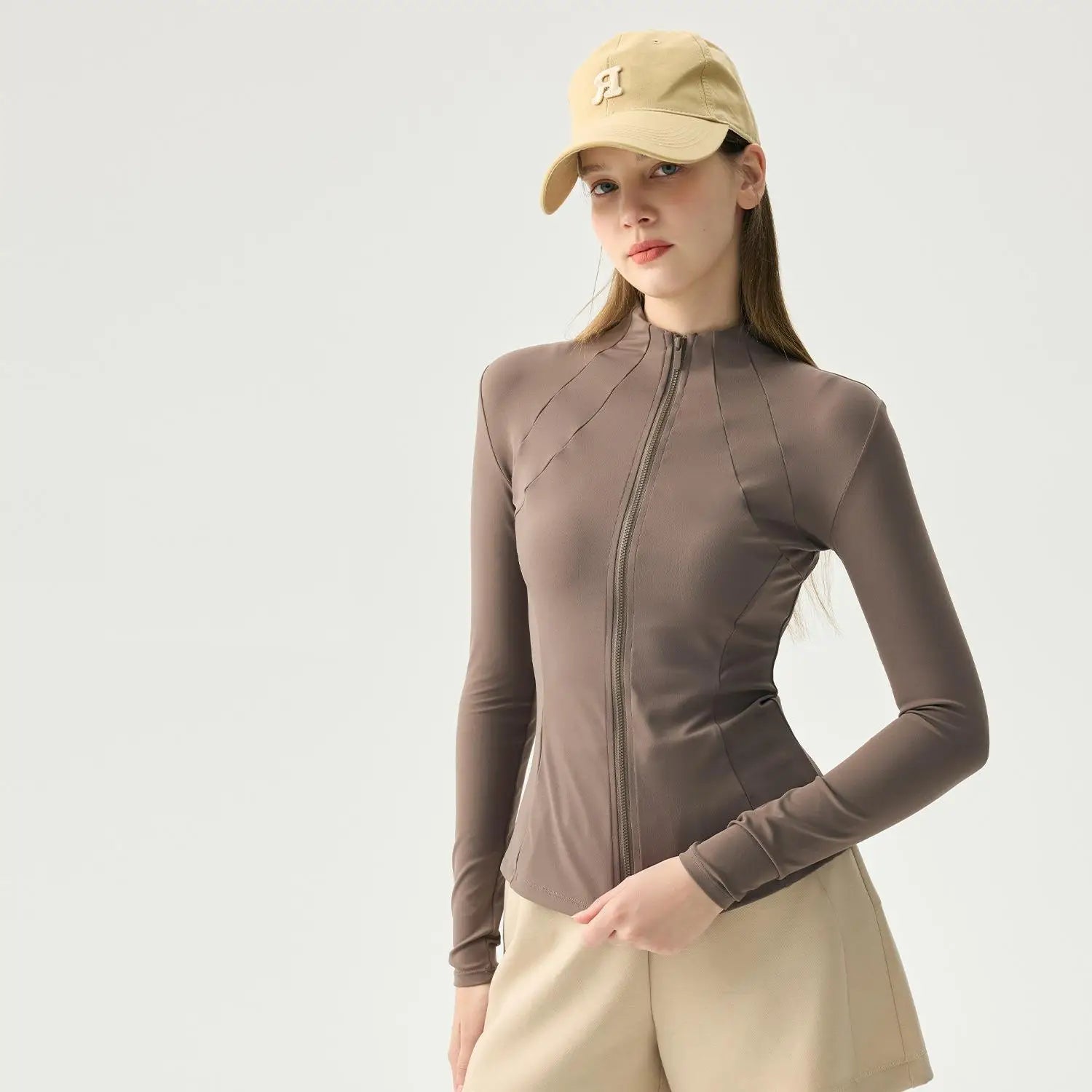 Custom Slim Fit Yoga Jacket Full Zip Long Sleeve Workout Top Double 8 Bust Line Slimming Curve Running Sport Jacket