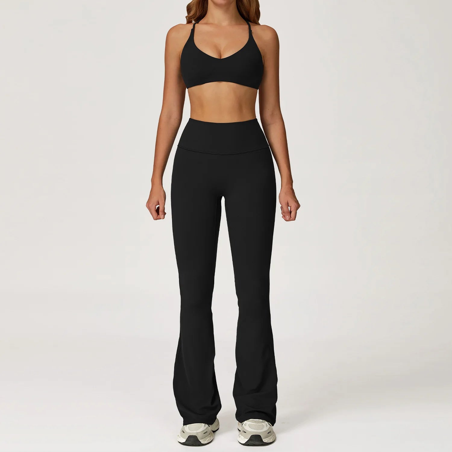 Breathable Women Running Yoga Wear Workout Long Sleeve T-Shirts Yoga Sports Crop Tops Flared Pants Bra Yoga Sets Custom
