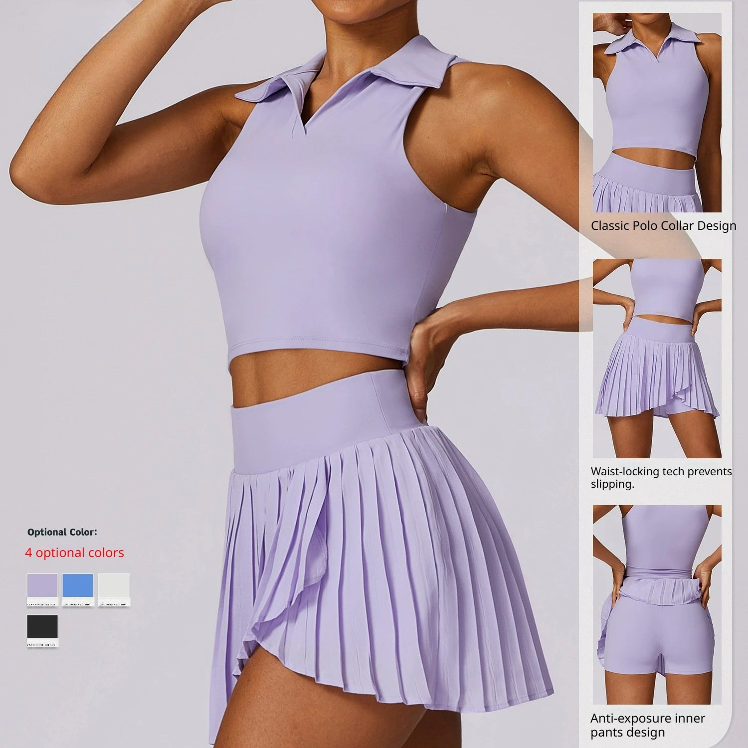 Women's Tennis Skirt Set Solid Breathable Lightweight with Sleeveless Polo Top (Spandex/Nylon) for Yoga & Fitness