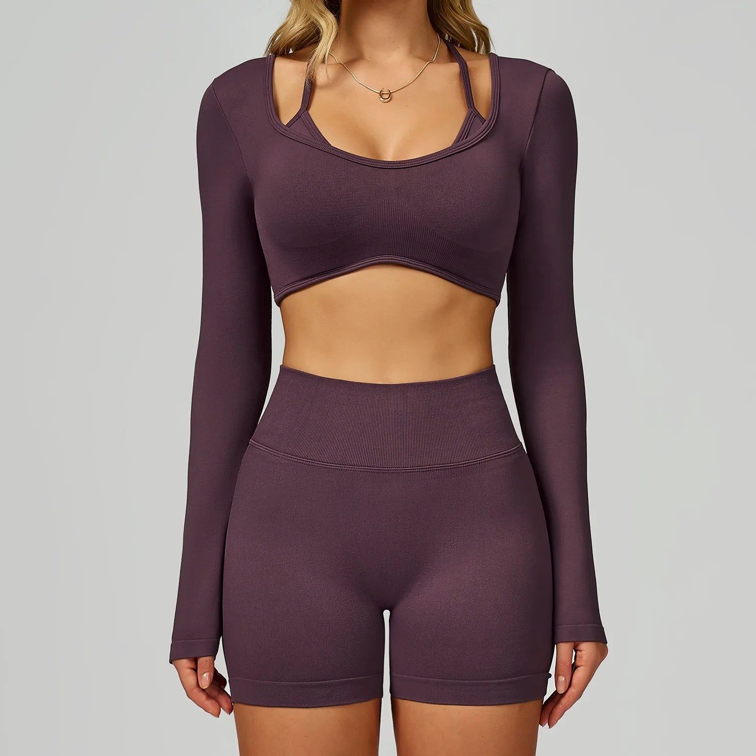 Wholesale Seamless Solid Sports Top Tight Scrunch Butt High Waist Elastic Waist Shorts Front 3 Piece Sportswear Gym Fitness Yoga