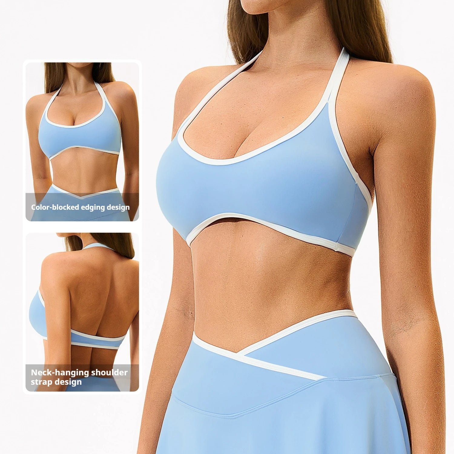 Seamless Lightweight Yoga Bra Breathable High Support Backless Sports Bra Color Block Trim Cut-Out Back Running Gym