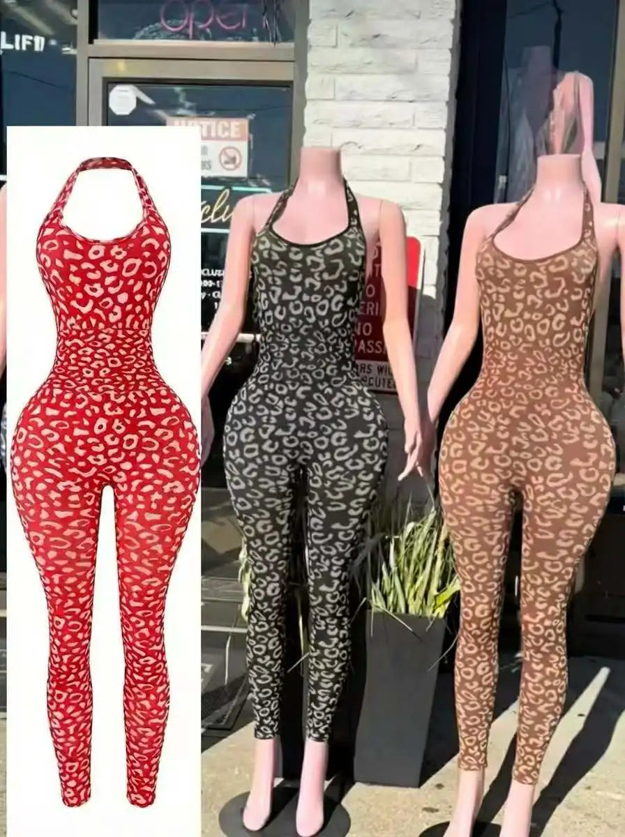 New Gym Fitness Sports Style Solid Yoga Jumpsuits Leopard Print V Backless Ruched Butt Lightweight Backless Breathable Women