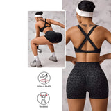 Butt Lifting Tummy Control Leopard Print Lightweight 2 Piece Women's Yoga Shorts Set Crisscross Back High Waist for Gym Workout