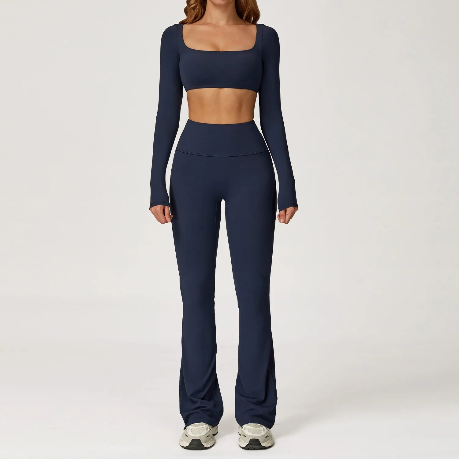 Breathable Women Running Yoga Wear Workout Long Sleeve T-Shirts Yoga Sports Crop Tops Flared Pants Bra Yoga Sets Custom