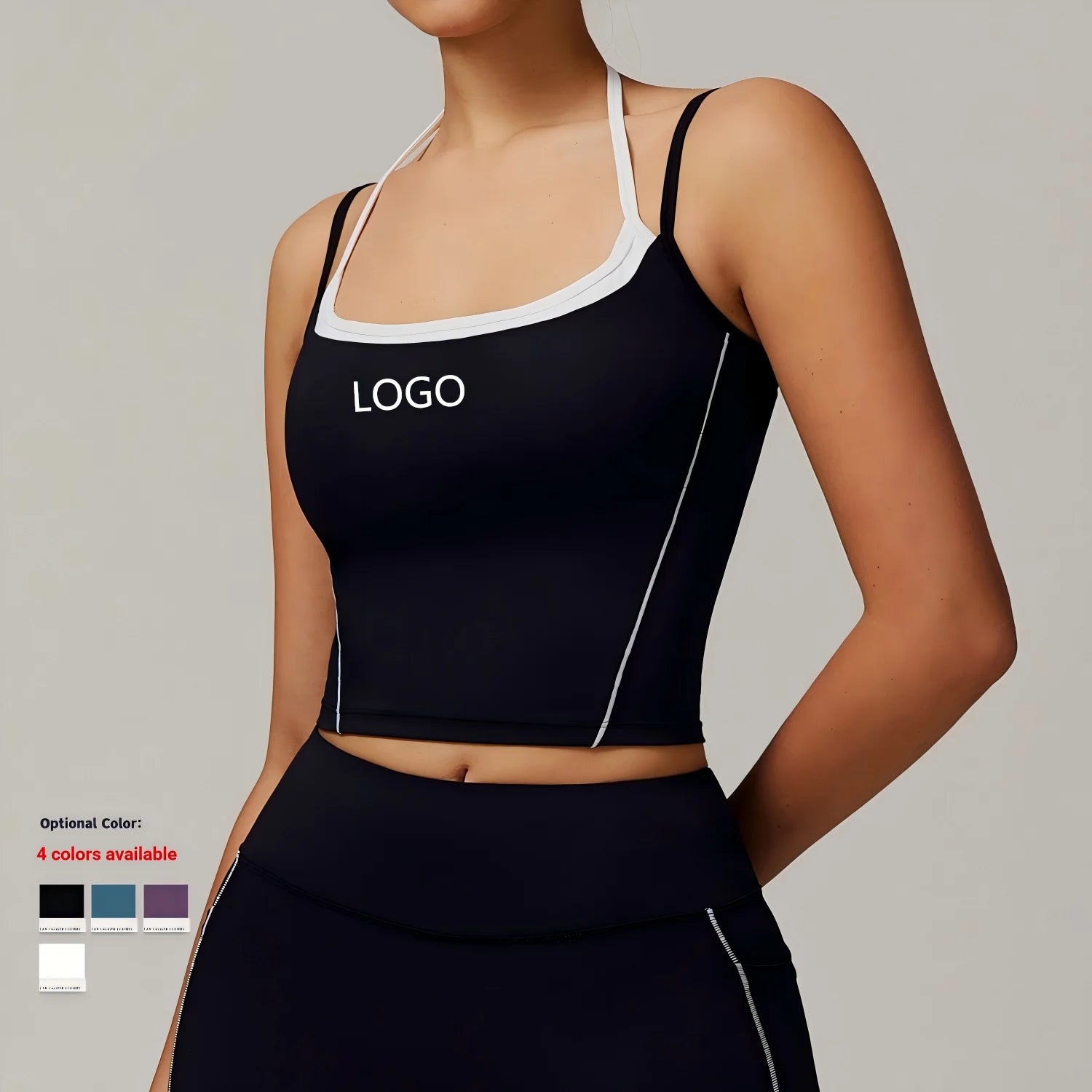 Yoga Tank Top Contrast Trim Halter Neck Sports Crop Top Women Quick Dry Breathable Gym Fitness Wear Custom Logo