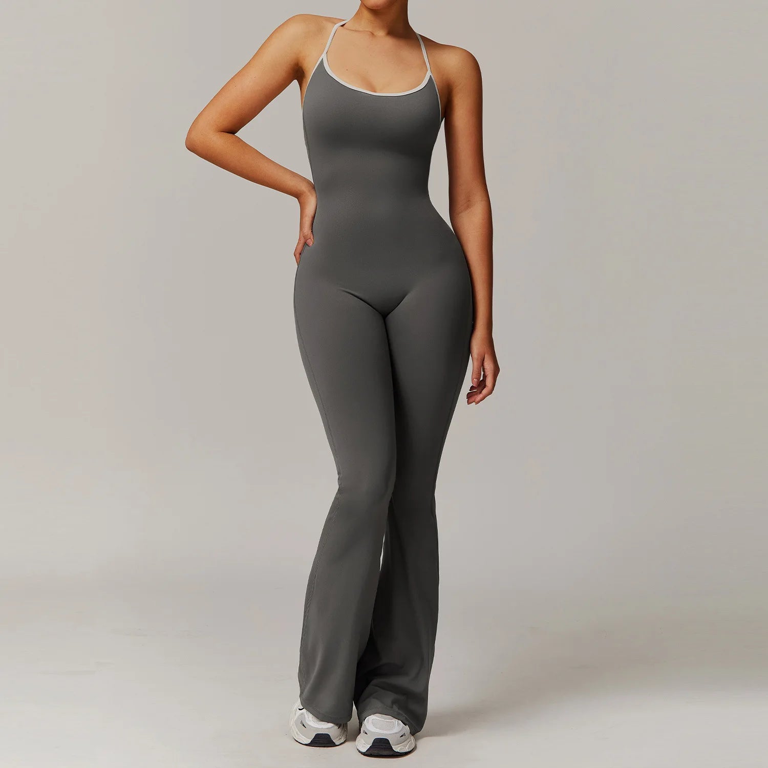 Women Backless One Piece Jumpsuit Scrunch Butt Flared Yoga Romper Contrast Trim Criss Cross Straps Custom Logo