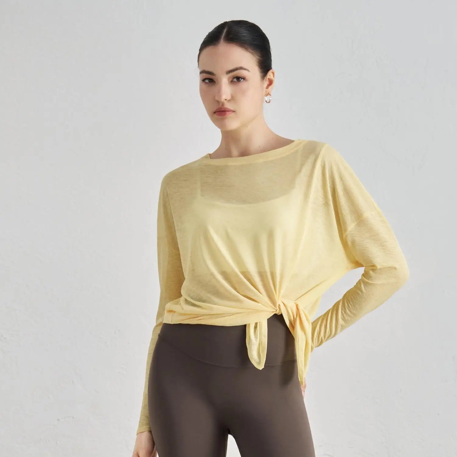 Loose Fit Long Sleeve Yoga Top Sheer Mesh Cover up Side Tie Knot Workout Shirts Breathable Gym Wear Custom