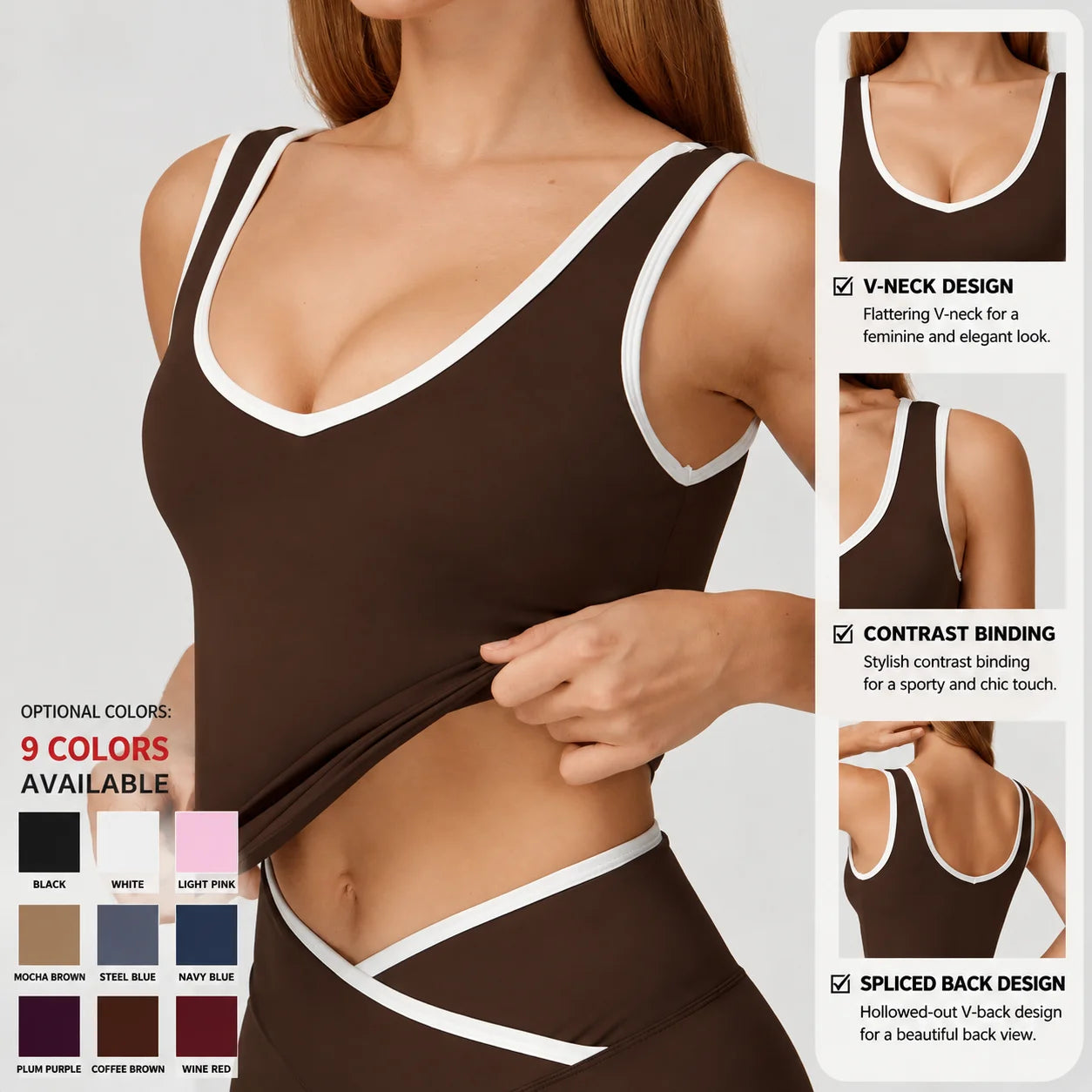 Contrast Binding Workout Tank Top Hollow V Back Padded Sports Bra Women Yoga Fitness Tops Para Mujeres Custom Logo