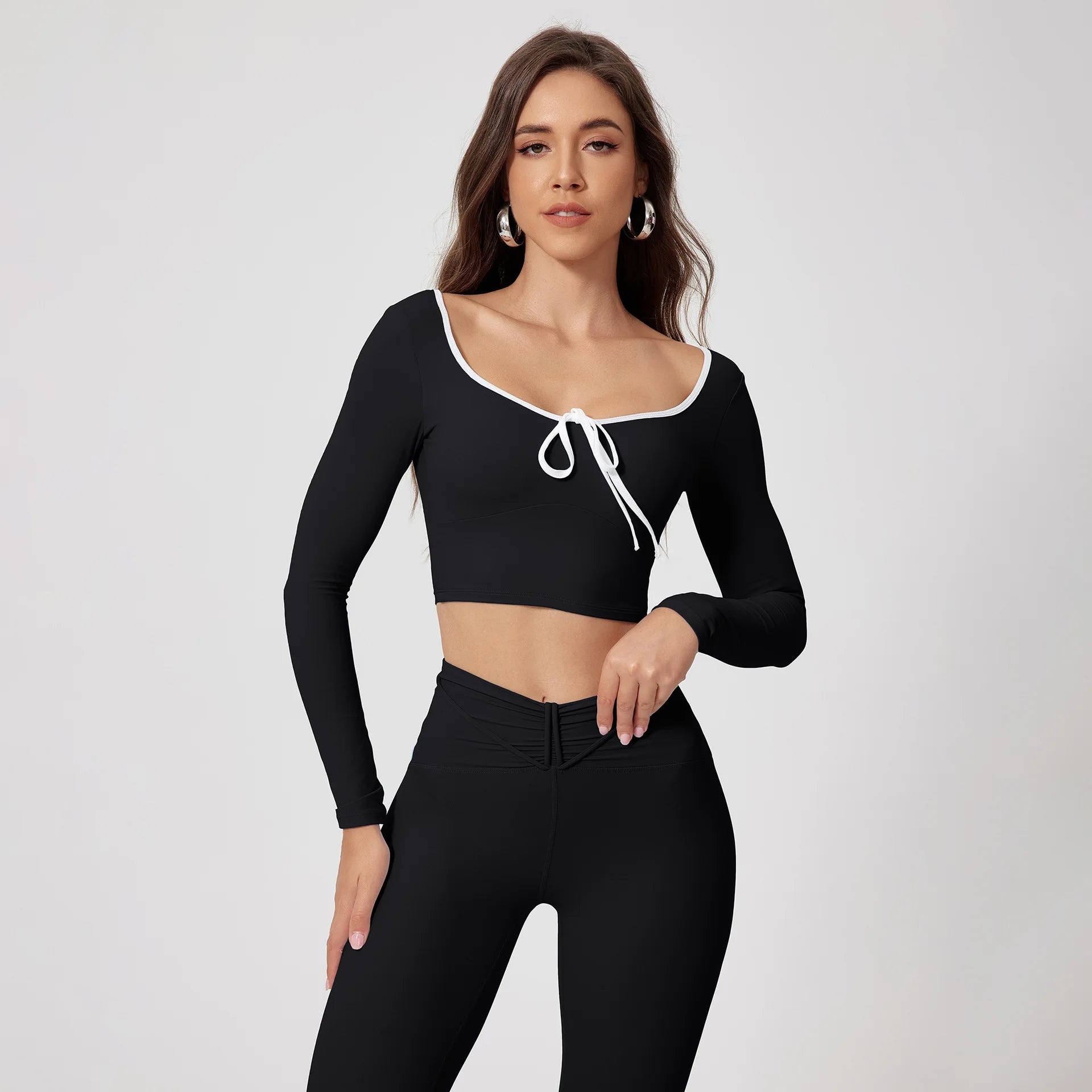 Custom Logo Yoga Set Women Front Tie Long Sleeve Crop Top V Waist Leggings 2 Piece Workout Set Fitness Wear Gym