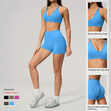 YoYi One Shoulder 2-Piece Yoga Shorts Set with Seamless Spandex/Nylon Fabric Breathable Sweat-Wicking & Quick Dry for Fitness