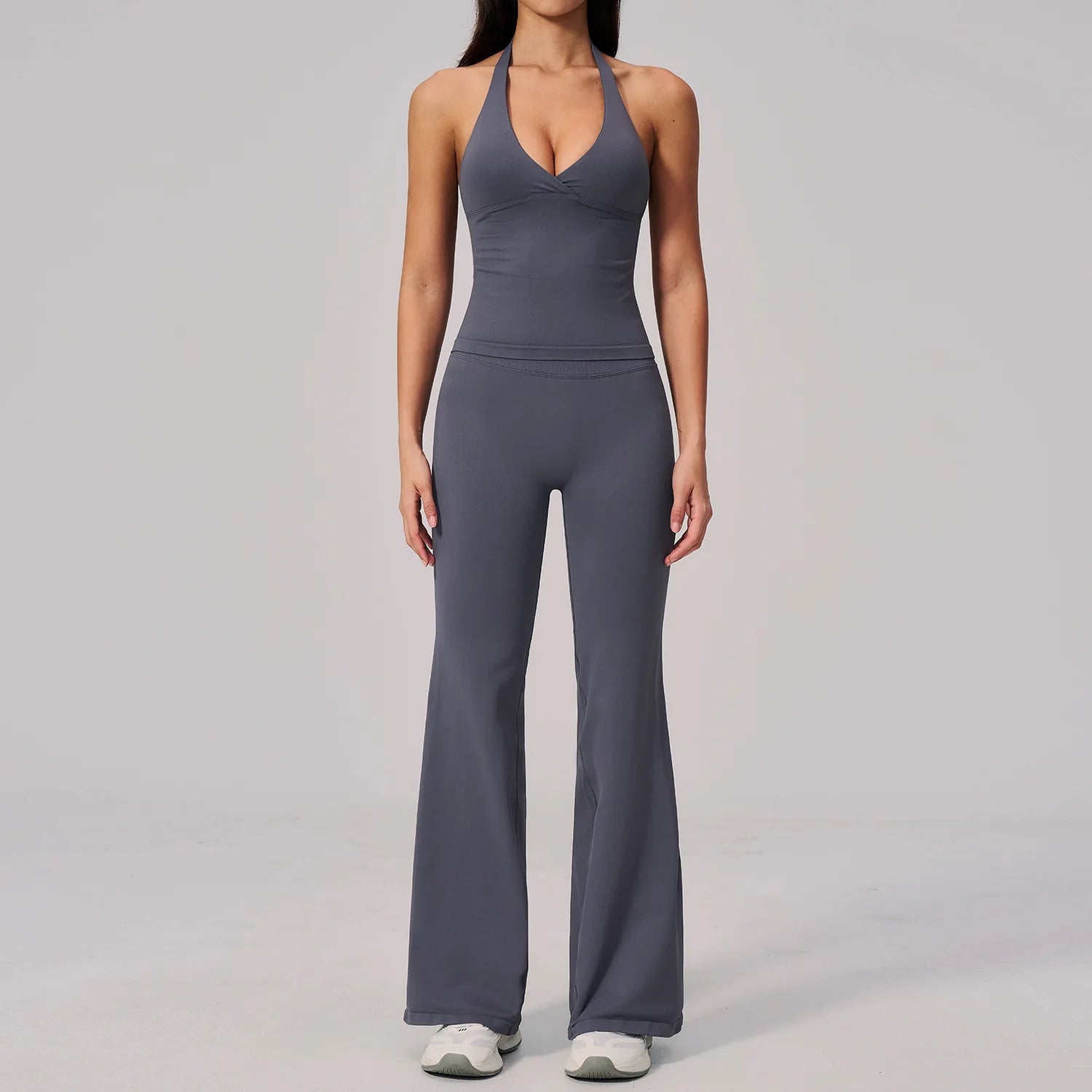 Women Seamless 2 Piece Outfits Workout Yoga Sports Track Suits Halter Neck Crop Top High Waist Flared Pant Sets Custom