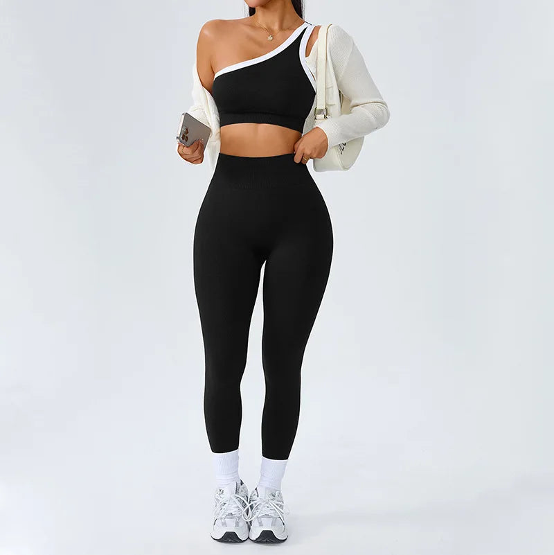 Yoga Set Women 2 Piece Set One Shoulder Contrast Trim Sports Bra High Waist Leggings Seamless Activewear Set
