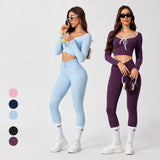 Custom Logo Yoga Set Women Front Tie Long Sleeve Crop Top V Waist Leggings 2 Piece Workout Set Fitness Wear Gym