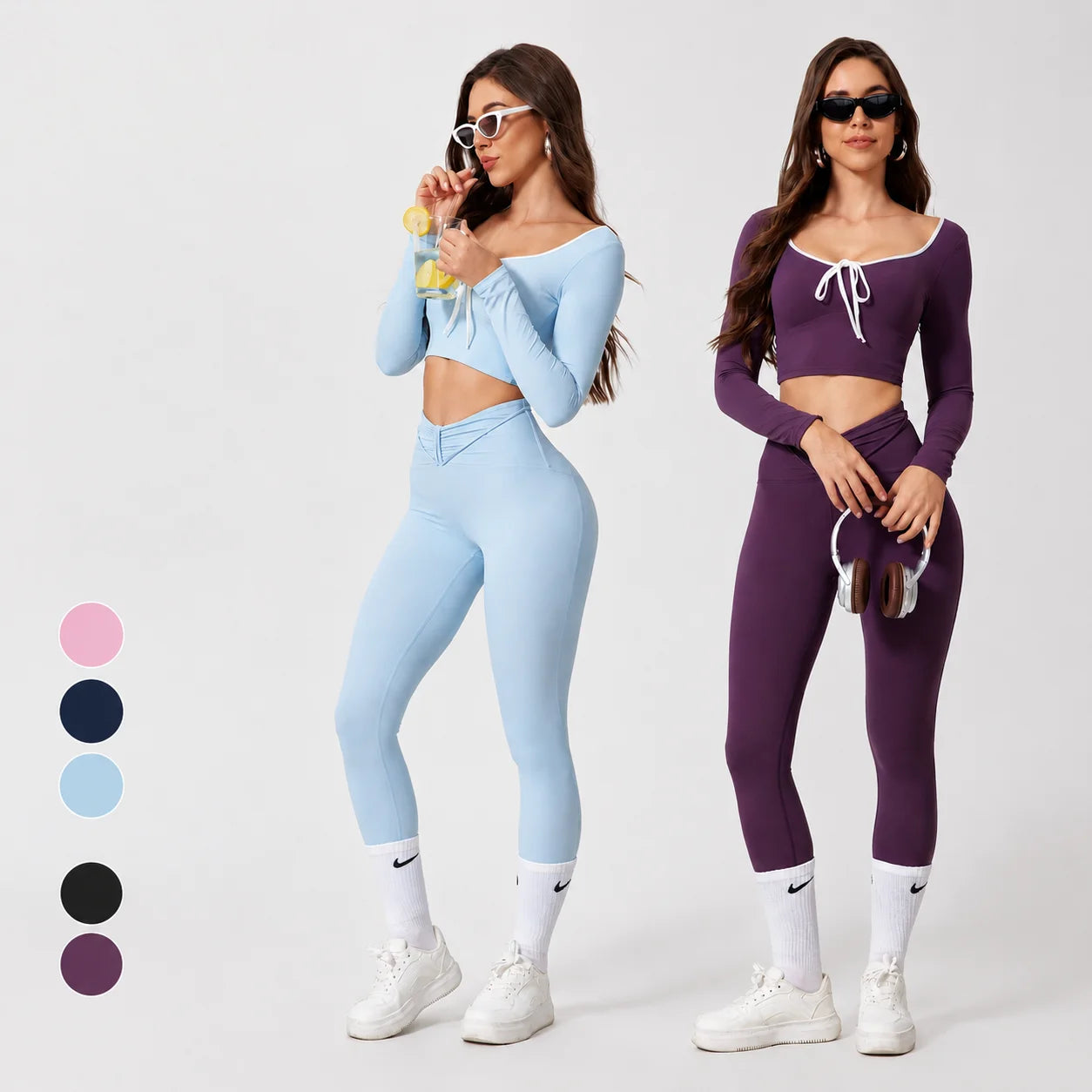 Custom Logo Yoga Set Women Front Tie Long Sleeve Crop Top V Waist Leggings 2 Piece Workout Set Fitness Wear Gym