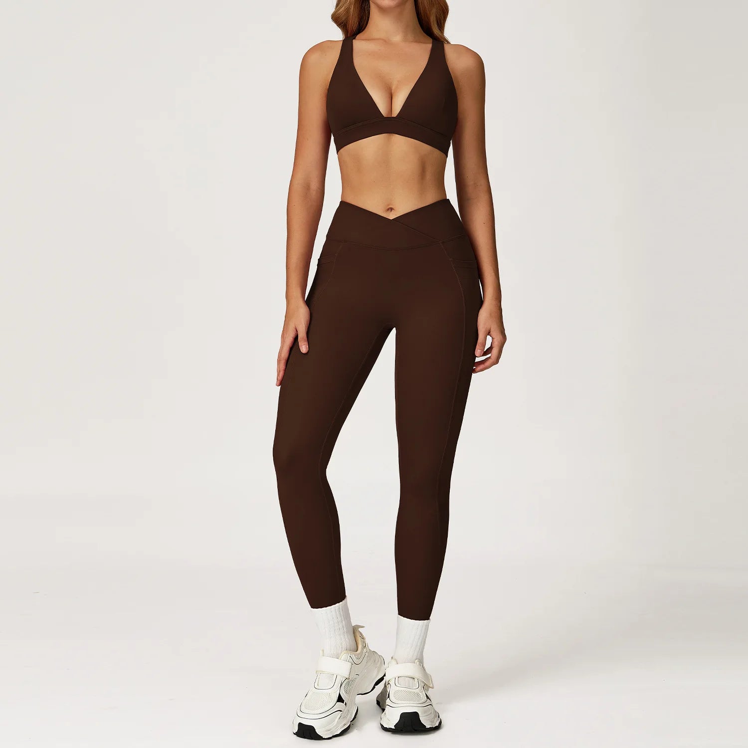 Women's Solid Athleisure 5-Piece Sports Bras+Gym Shorts+Yoga Leggings+Top Set Workout Clothes Sport Suit Front Logo