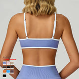 Women Contrast Binding Sports Bra Low U Back Gym Crop Top Removable Padded Adjustable Strap Yoga Bralette 11 Colors