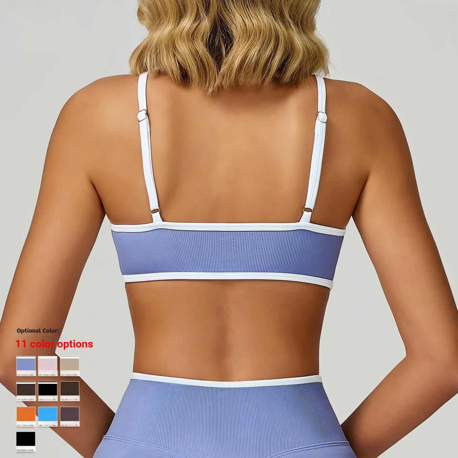 Women Contrast Binding Sports Bra Low U Back Gym Crop Top Removable Padded Adjustable Strap Yoga Bralette 11 Colors