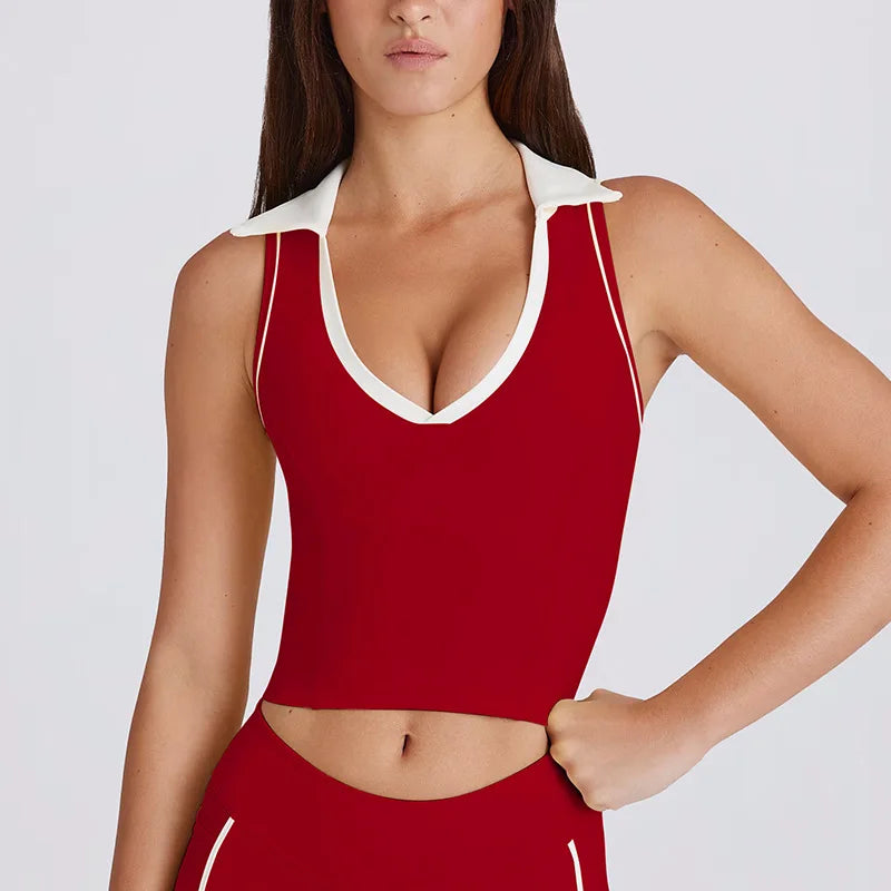 Custom Logo Yoga Set Women Polo Collar Contrast Trim Tennis Shorts Set 2 Piece Gym Workout Fitness Activewear
