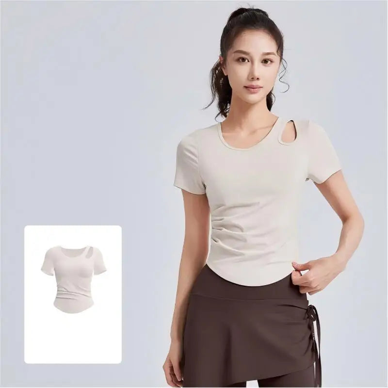 Women Cutout Yoga T Shirt Short Sleeve Gym Top Ruched Side Curved Hem Slim Fit Workout Tee Athletic Sportswear