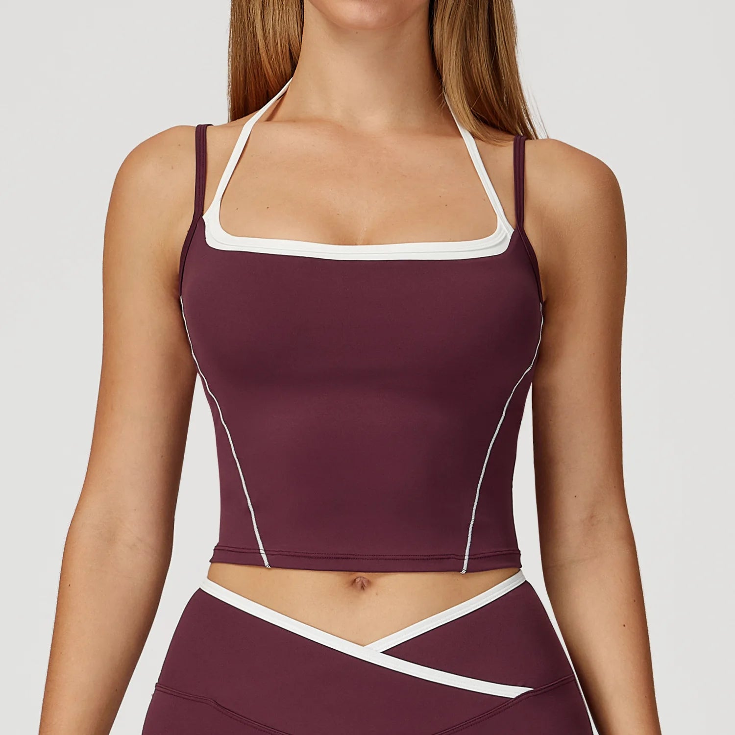 Yoga Tank Top Contrast Trim Halter Neck Sports Crop Top Women Quick Dry Breathable Gym Fitness Wear Custom Logo