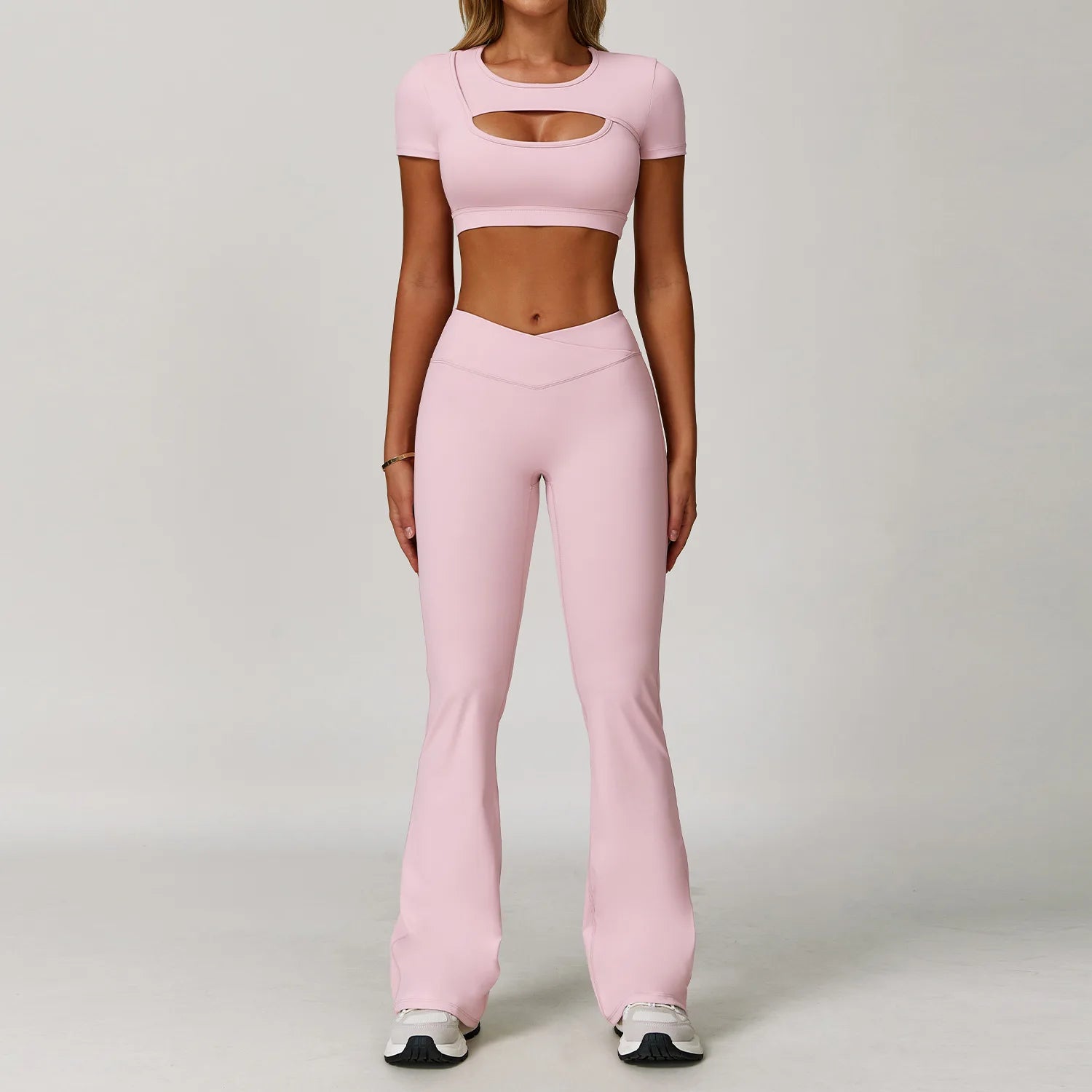 V Front Women's High Waist Breathable Solid 2026 2-pcs Active Wear Pink Yoga Flare Leggings Spandex/Nylon Elastic Waist Pink