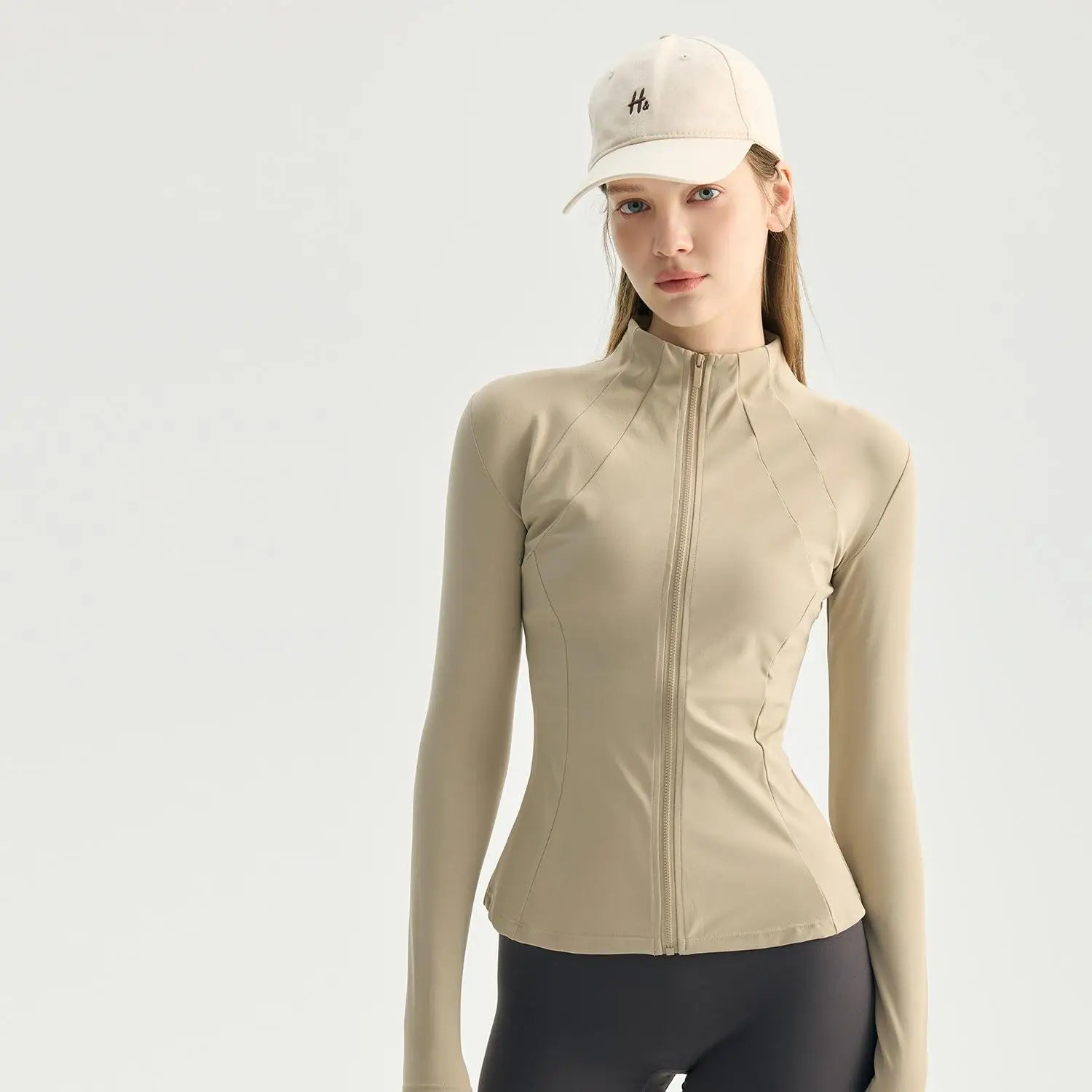 Custom Slim Fit Yoga Jacket Full Zip Long Sleeve Workout Top Double 8 Bust Line Slimming Curve Running Sport Jacket