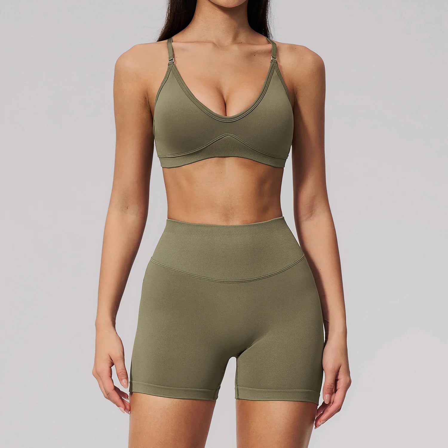YoYi One Shoulder 2-Piece Yoga Shorts Set with Seamless Spandex/Nylon Fabric Breathable Sweat-Wicking & Quick Dry for Fitness