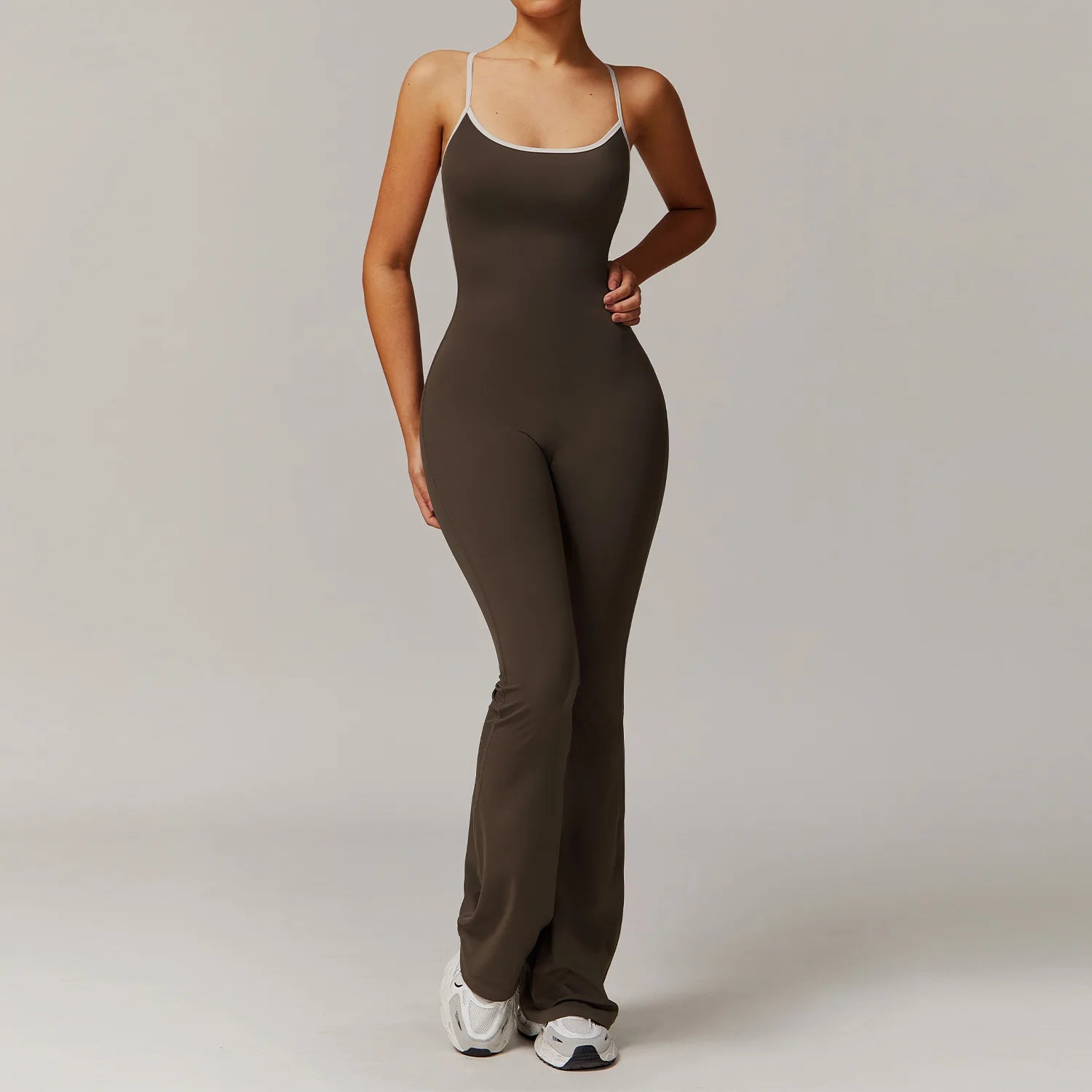 Women Backless One Piece Jumpsuit Scrunch Butt Flared Yoga Romper Contrast Trim Criss Cross Straps Custom Logo