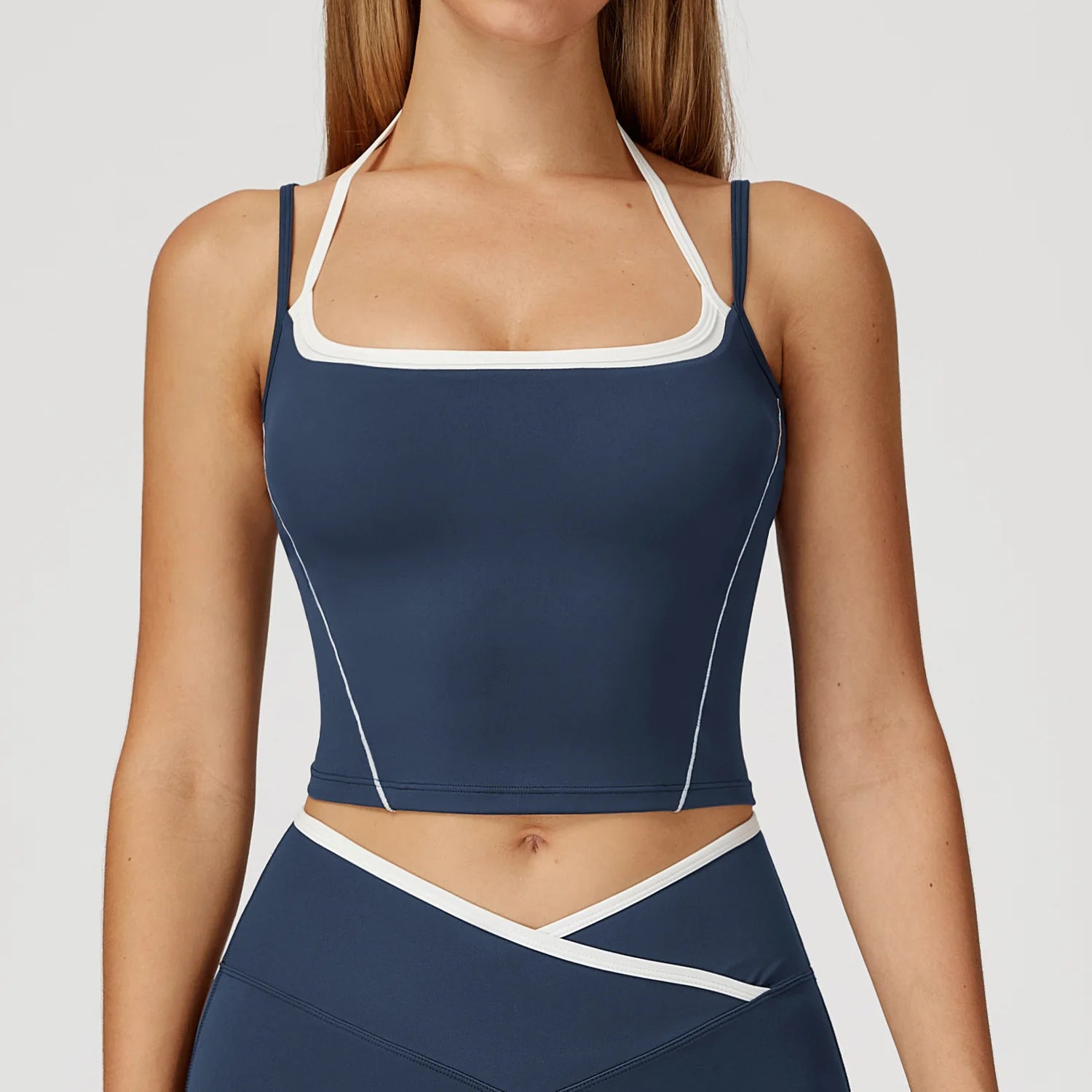 Yoga Tank Top Contrast Trim Halter Neck Sports Crop Top Women Quick Dry Breathable Gym Fitness Wear Custom Logo