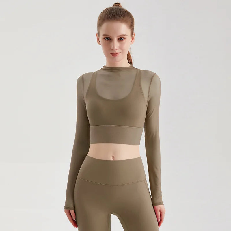 Women's Long Top Double Lined Sexy Sheer Mesh Compression Quick Dry Spandex/Nylon Athletic Workout Yoga Clothing
