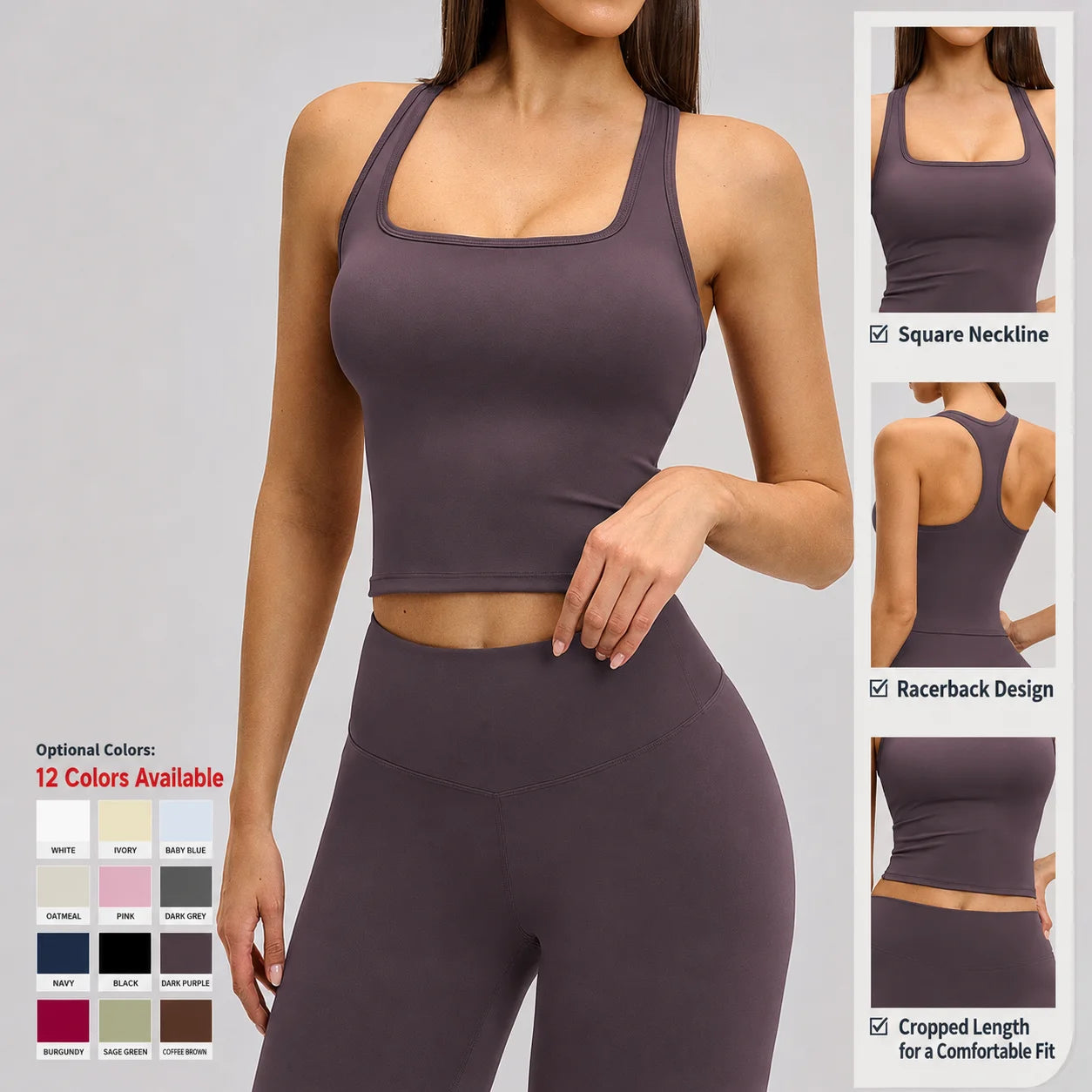 Women Square Neck Yoga Tank Top Padded Workout Gym Crop Top Athletic Compression Camisole Sleeveless Vest Custom Logo