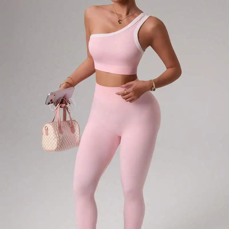 Yoga Set Women 2 Piece Set One Shoulder Contrast Trim Sports Bra High Waist Leggings Seamless Activewear Set