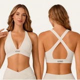 V Neck Sports Bra Cross Back Ribbed Yoga Bra Custom Logo Removable Padded Gym Workout Crop Top