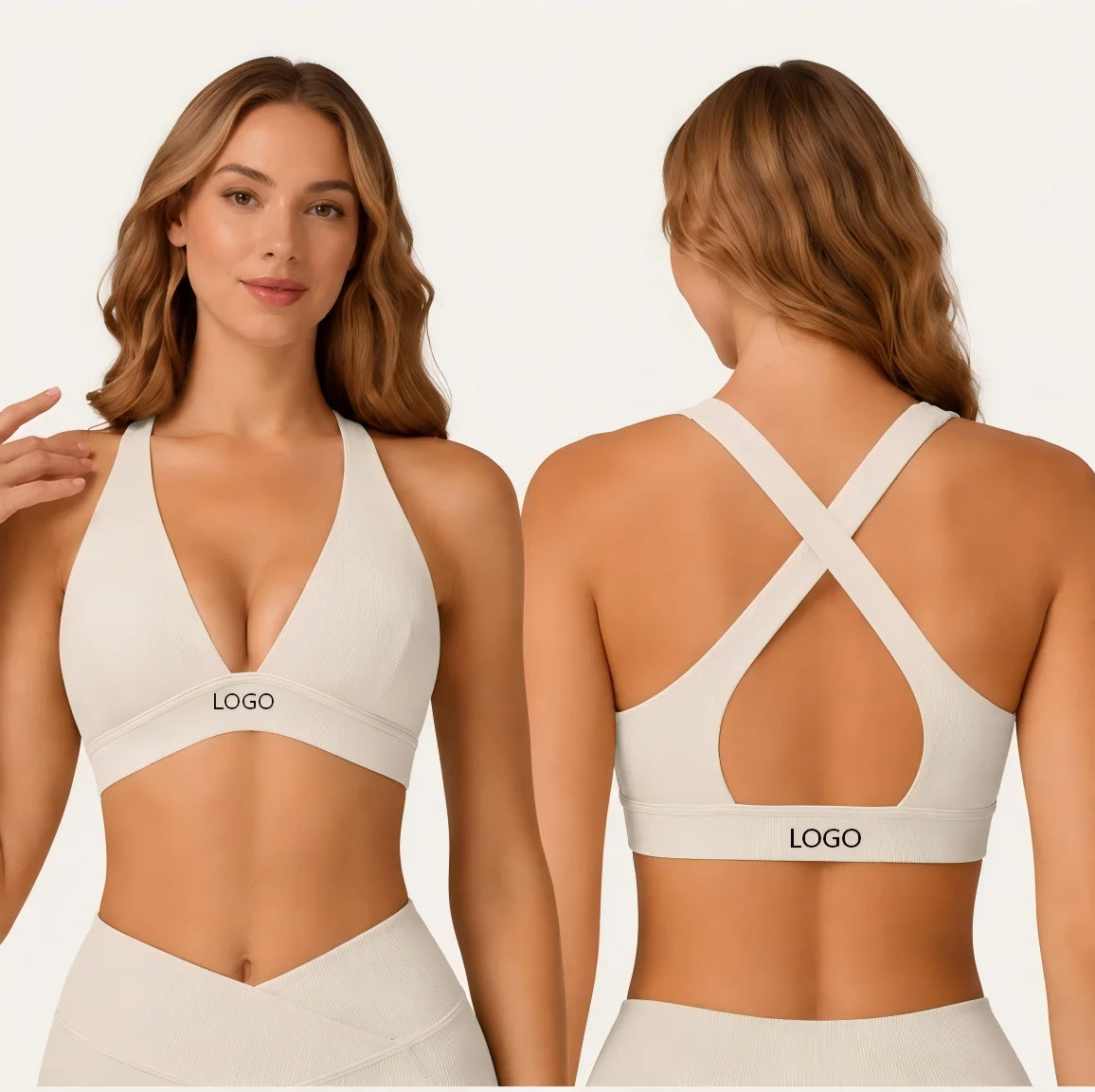 V Neck Sports Bra Cross Back Ribbed Yoga Bra Custom Logo Removable Padded Gym Workout Crop Top