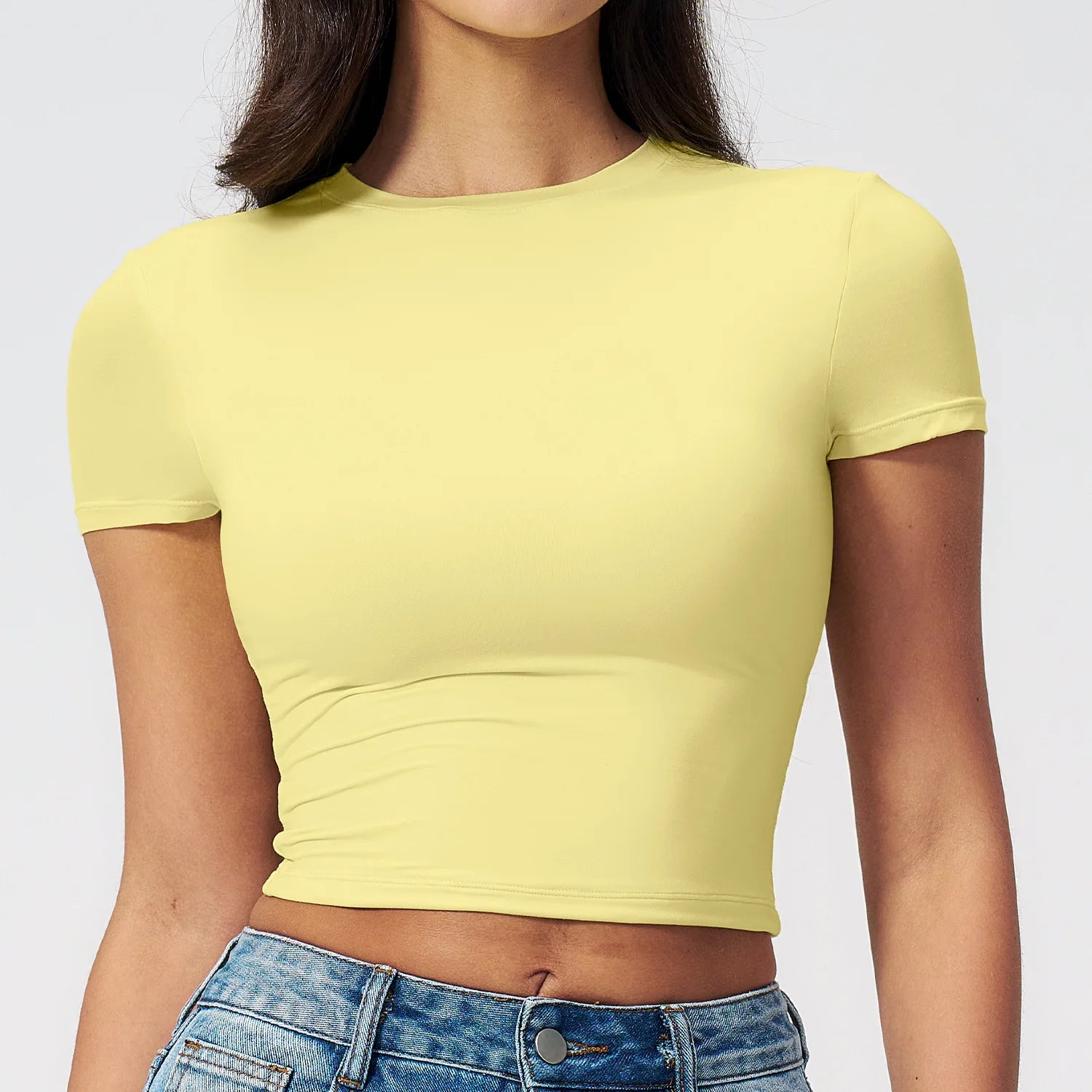 Custom Logo Women Crew Neck Yoga T Shirt Slim Fit Gym Crop Top Short Sleeve Workout Shirts Athletic Running Tee