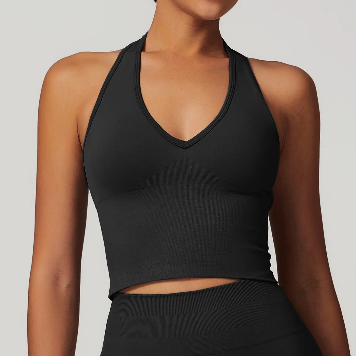 Seamless Halter Yoga Tops Women Custom LOGO Sexy V Neck Backless Sports Bra Gym Workout Crop Top Breathable Pilates Tank
