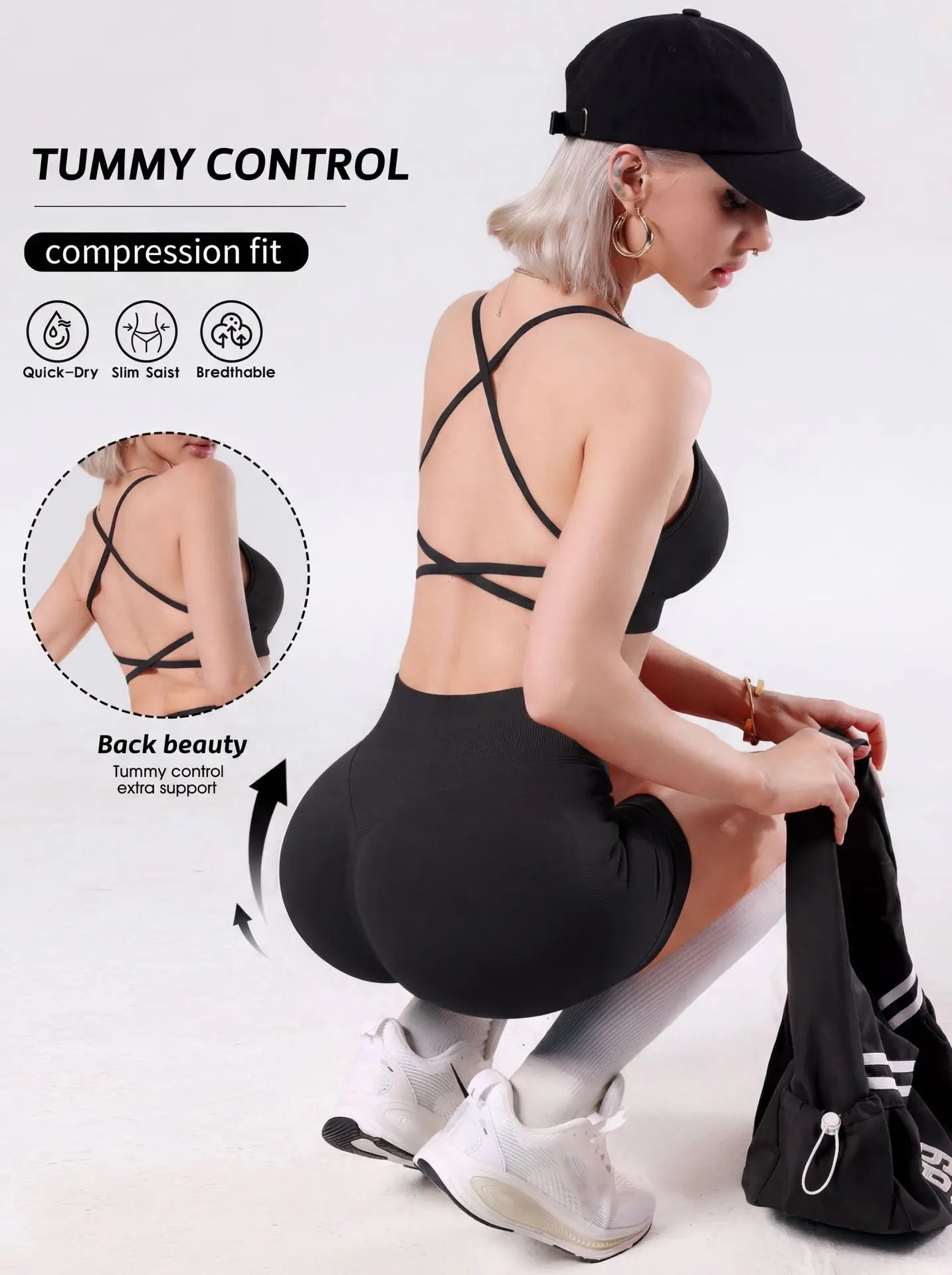 Women Lightweight Reversible Sports Bra Shorts Sets Quick Dry Seamless Yoga Bra High Impact Shock-proof Cross Back  Sport Bra