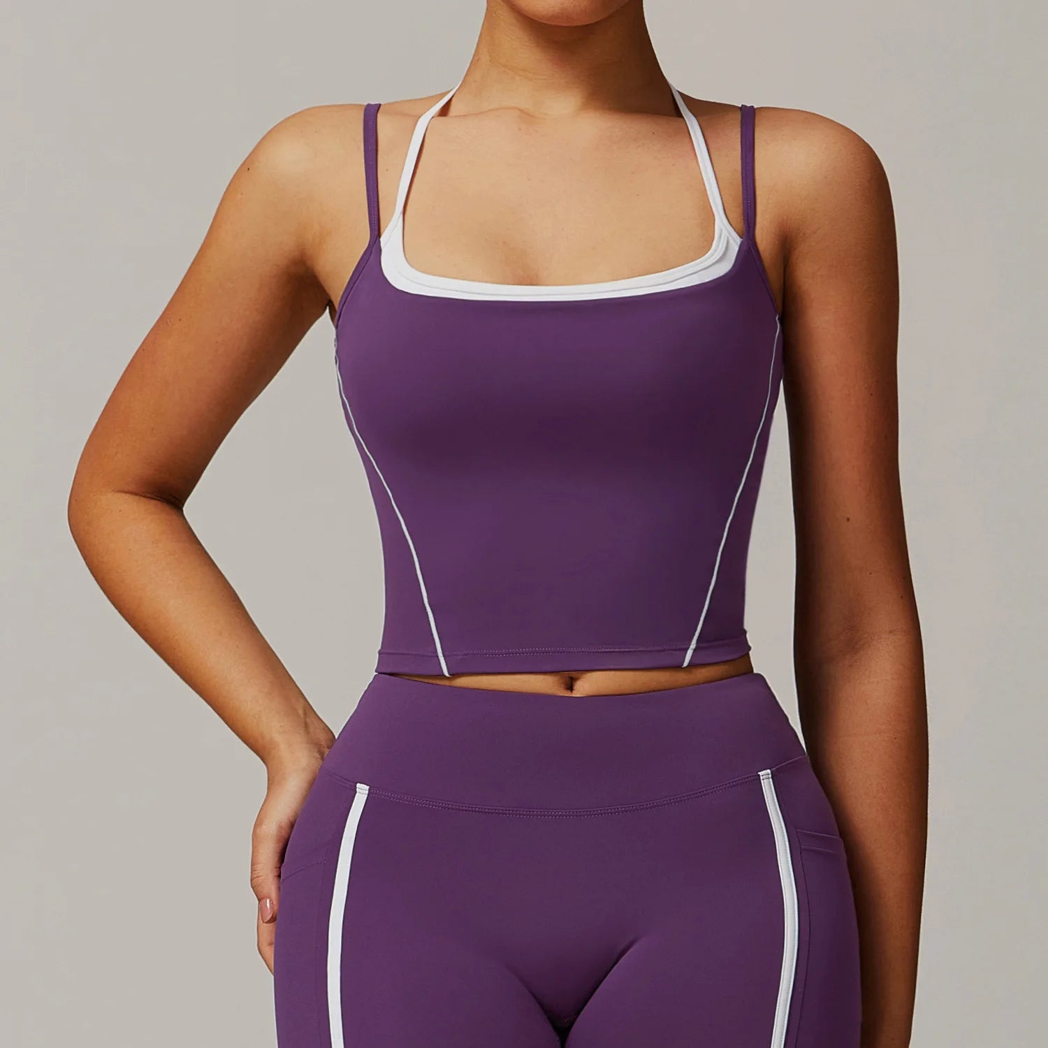 Yoga Tank Top Contrast Trim Halter Neck Sports Crop Top Women Quick Dry Breathable Gym Fitness Wear Custom Logo