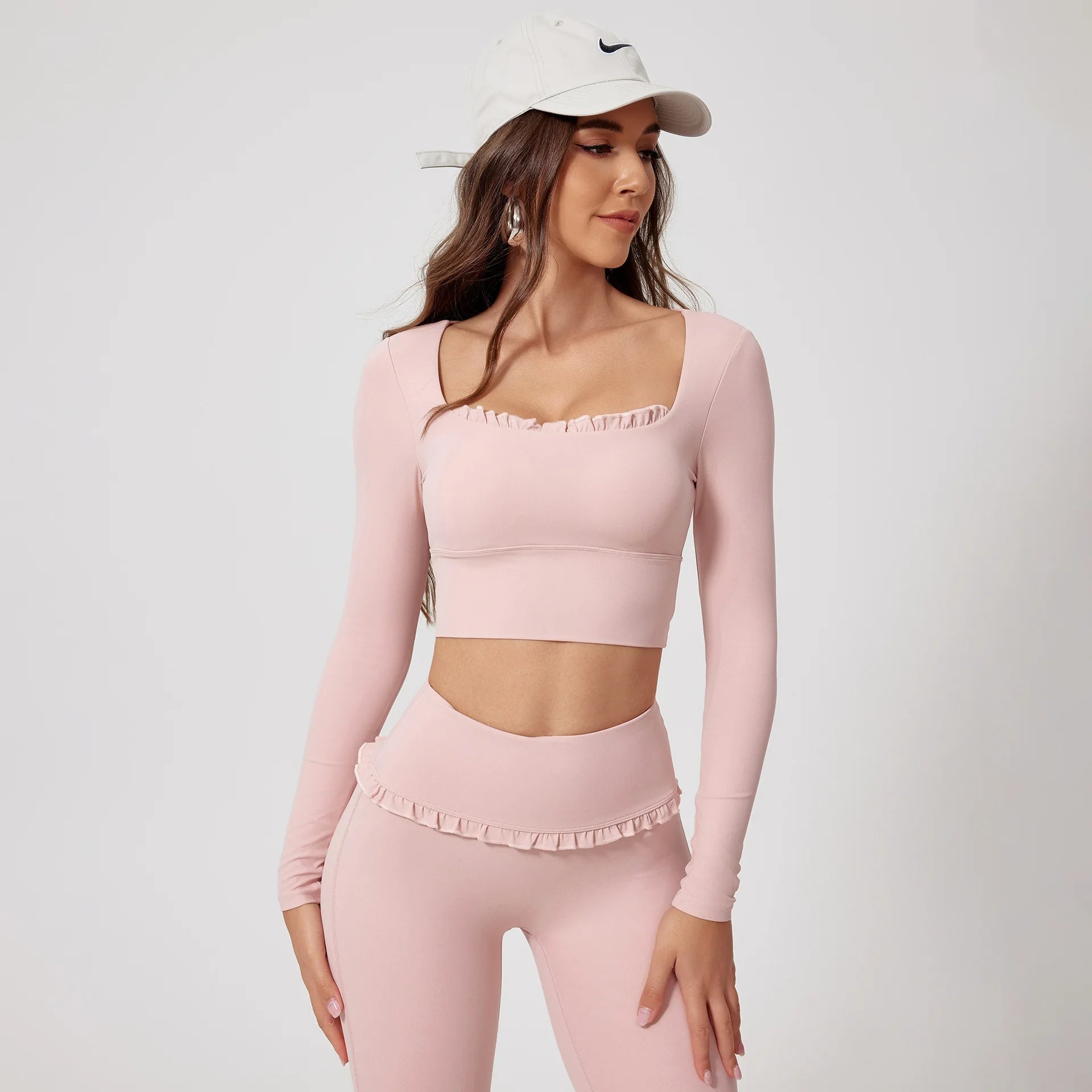 Custom Logo Yoga Long Sleeve Top Ruffle Trim Sports Crop Top Women Balletcore Fitness Shirt Gym Workout Wear Quick Dry