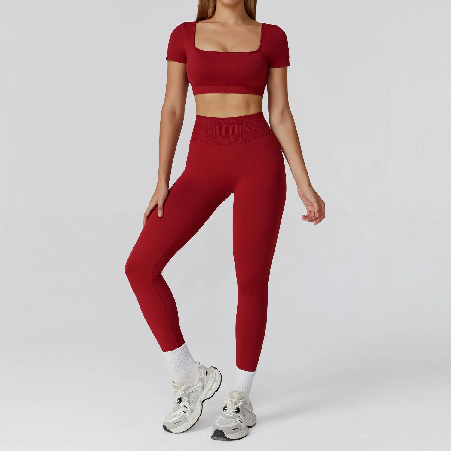 Seamless Hollowed-out High-waisted Yoga Short-sleeved Women's  Custom Yoga Long Pants Running and Fitness Set